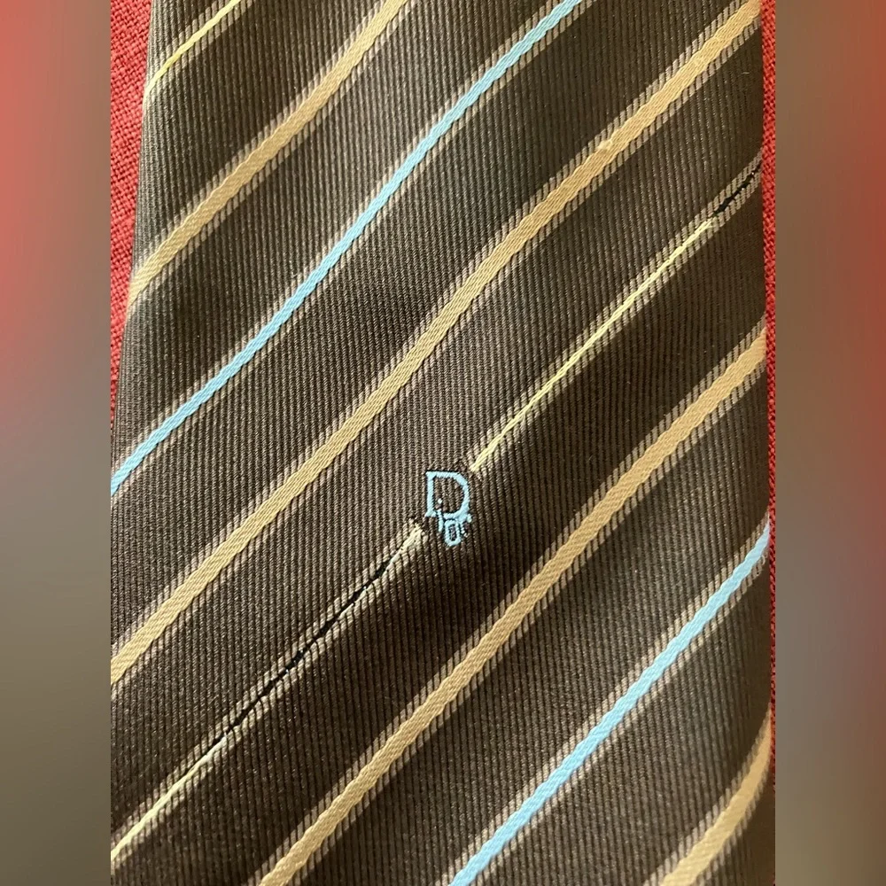 Vintage '70s/'80s Christian Dior Striped Neck Tie Logo Monogram Brown Blue